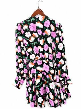 Glamorous Black Long-Sleeve Floral Mini Wrap Dress with Pink & White Blooms